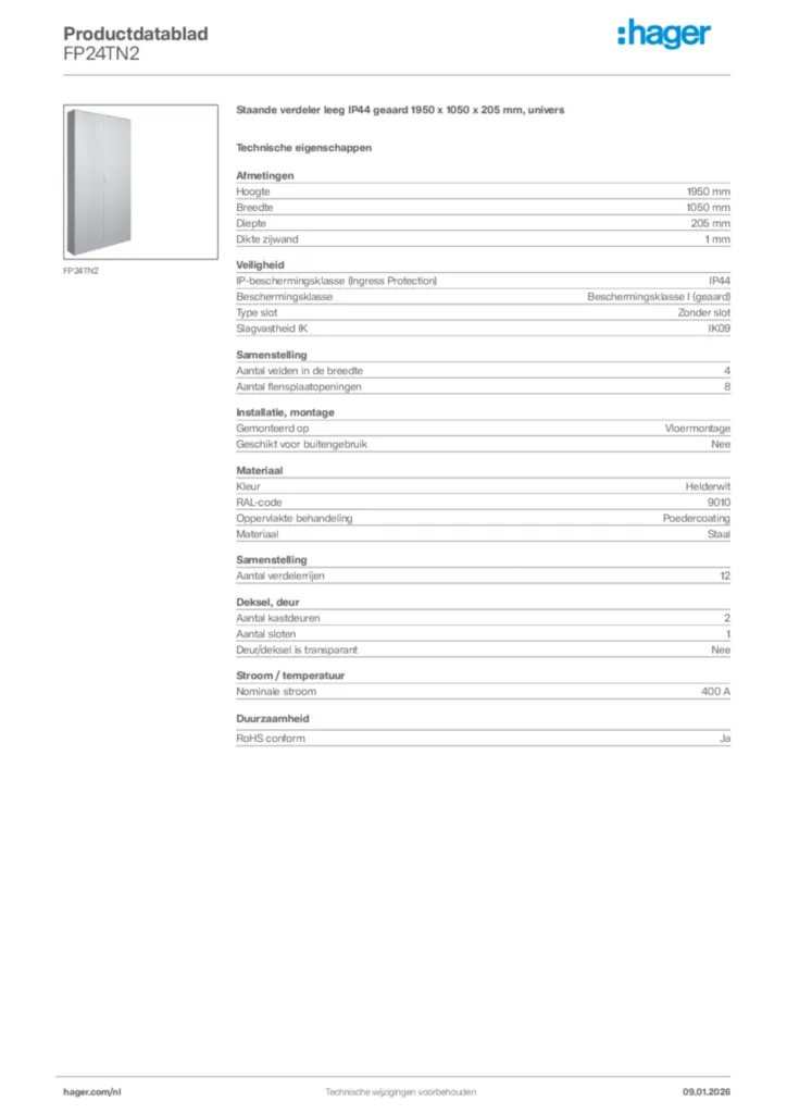 Afbeelding Hager Productdatablad FP24TN2 | Hager Nederland