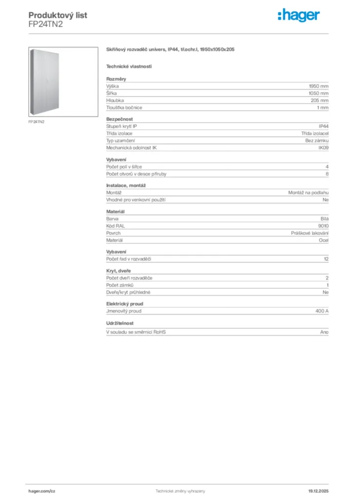 Obrázek Hager Produktový list FP24TN2 | Hager