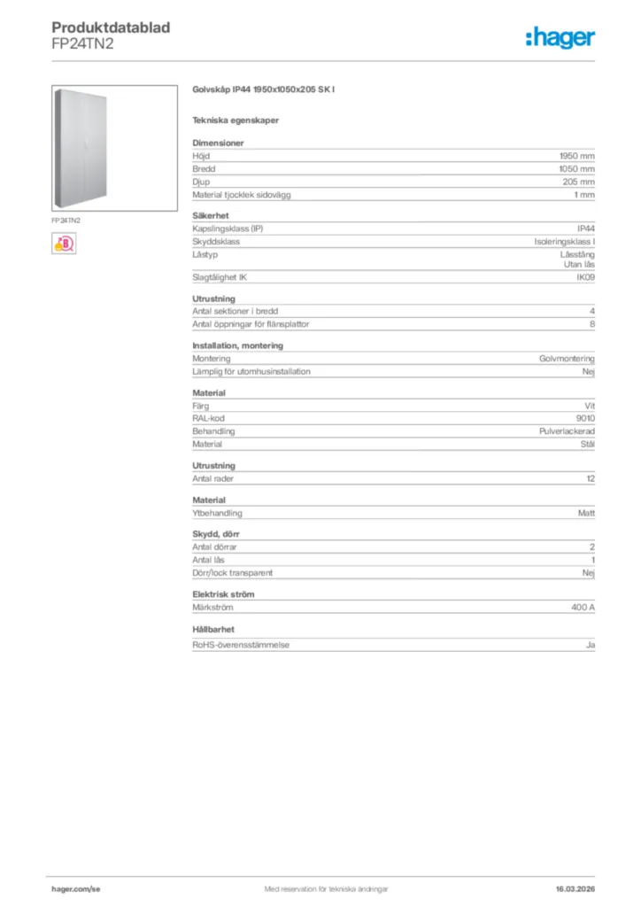 Bild Hager Produktdatablad FP24TN2 | Hager Sverige