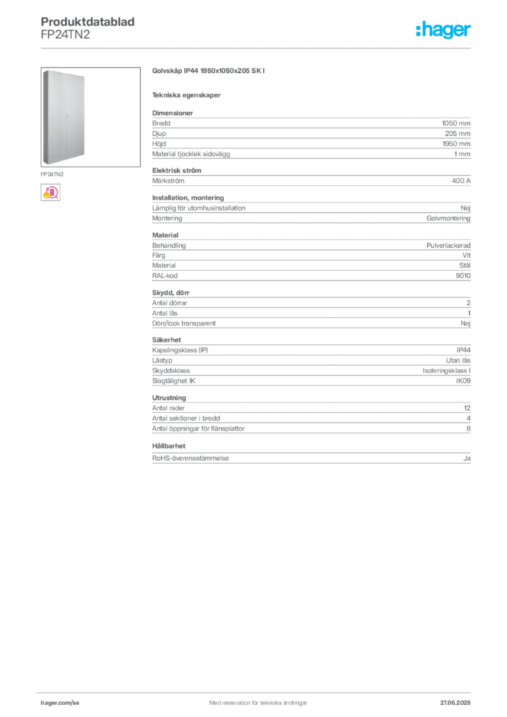 Bild Hager Produktdatablad FP24TN2 | Hager Sverige