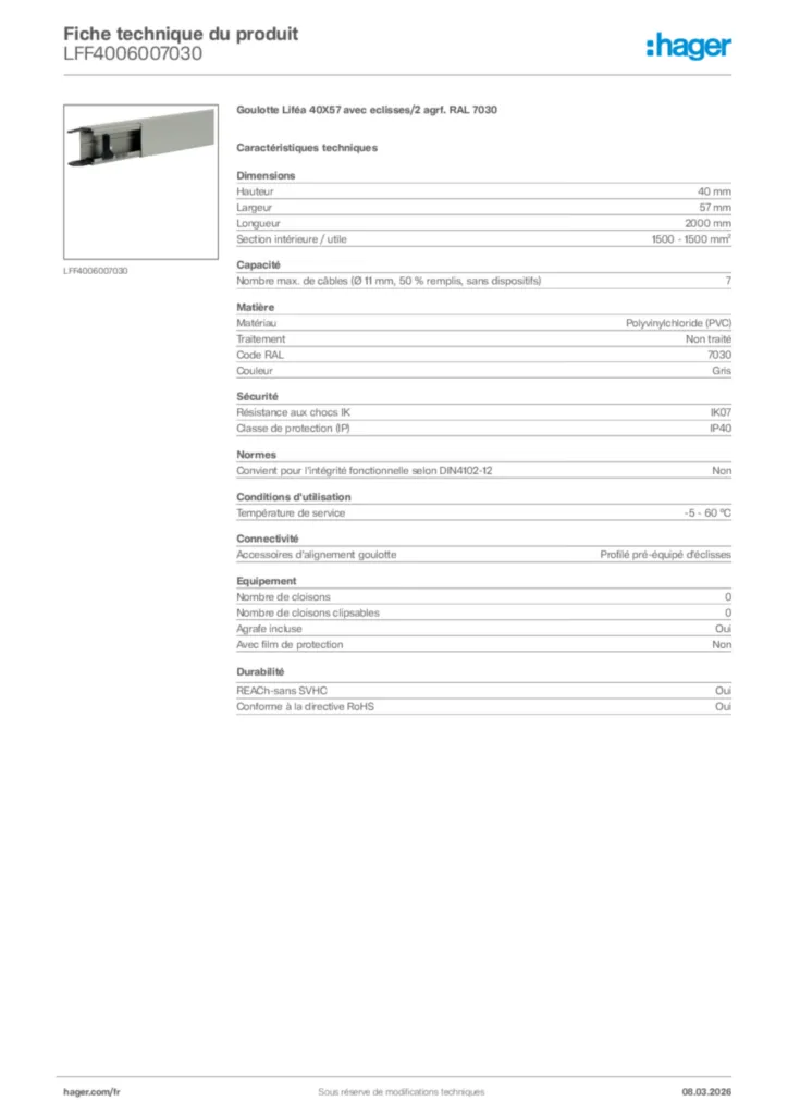 Image Hager Fiche technique du produit LFF4006007030 | Hager France