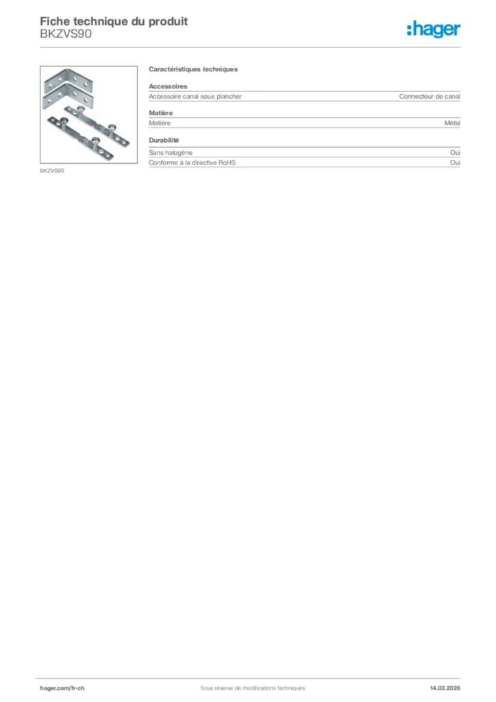 Image Hager Fiche technique du produit BKZVS90 | Hager Suisse