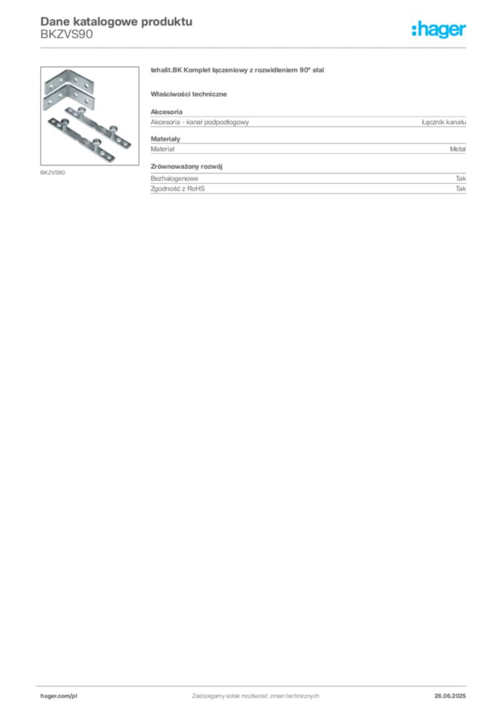 Zdjęcie Hager Karta katalogowa BKZVS90 | Hager Polska