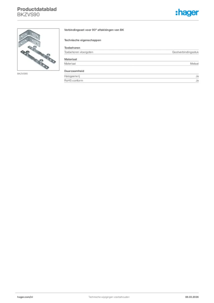 Afbeelding Hager Productdatablad BKZVS90 | Hager Nederland