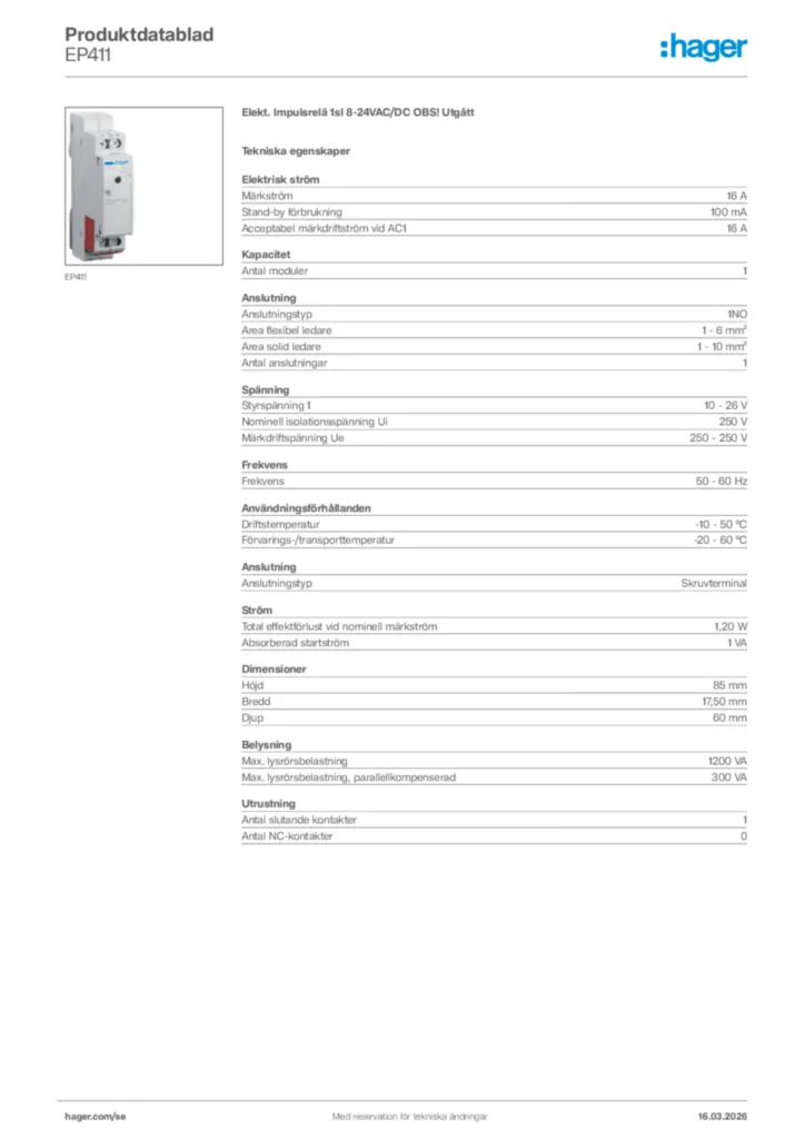 Bild Hager Produktdatablad EP411 | Hager Sverige