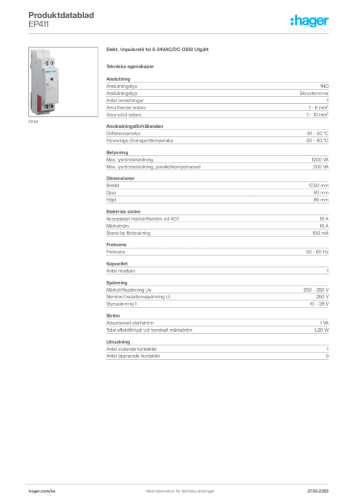 Bild Hager Produktdatablad EP411 | Hager Sverige