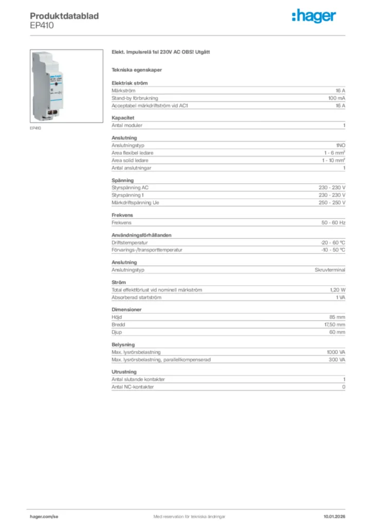 Bild Hager Produktdatablad EP410 | Hager Sverige