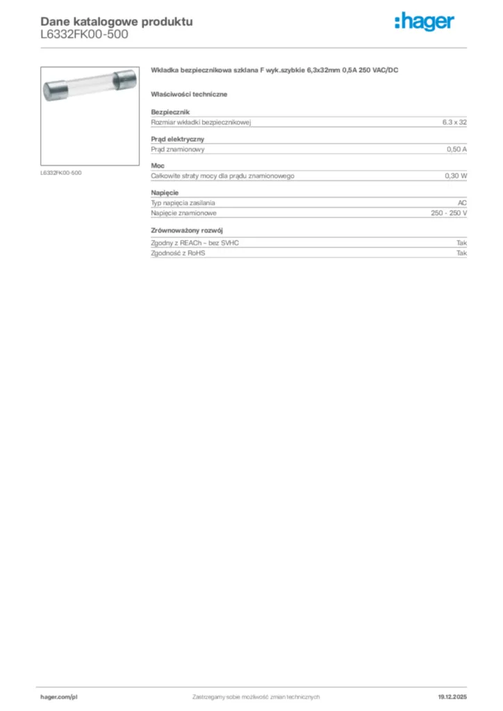 Zdjęcie Hager Karta katalogowa L6332FK00-500 | Hager Polska
