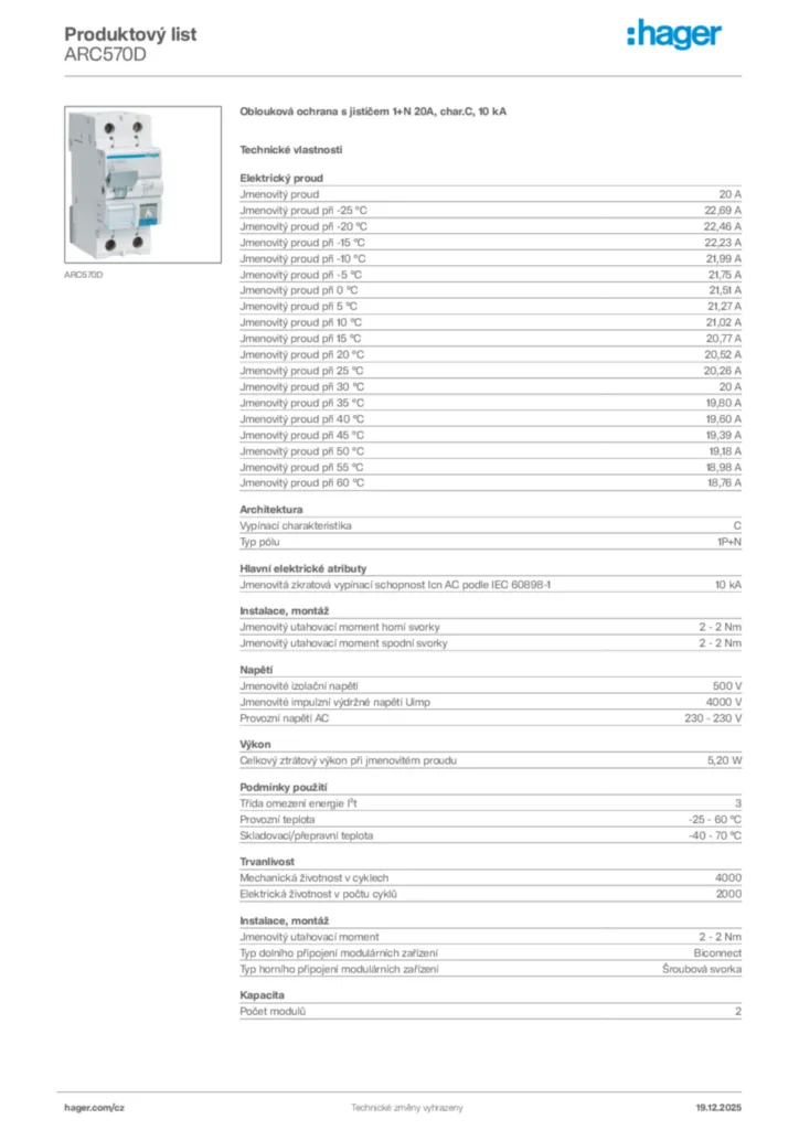 Obrázek Hager Produktový list ARC570D | Hager