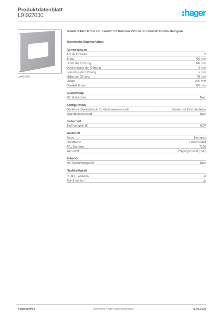 Hager Produktdatenblatt L91927030