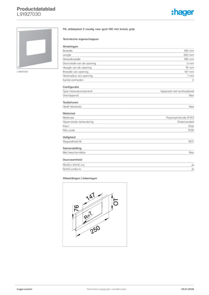 Afbeelding Hager Productdatablad L91927030 | Hager Nederland