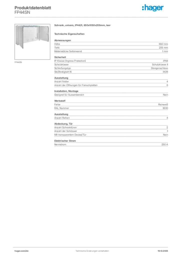 Bild Hager Produktdatenblatt FP44SN | Hager Deutschland