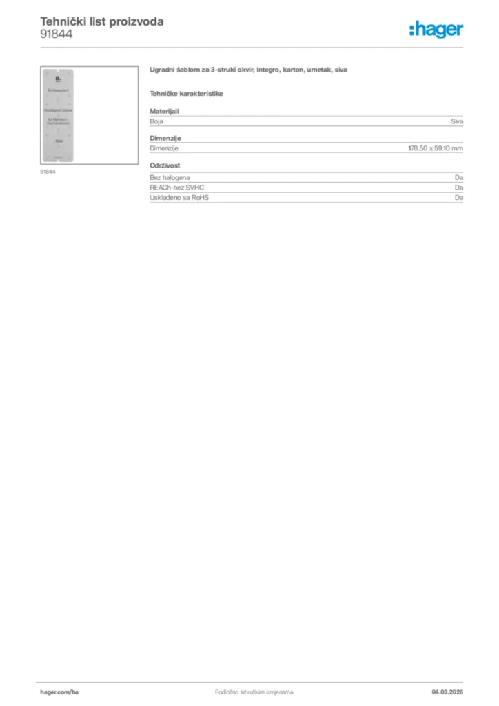 Slika Hager Tehnički list proizvoda 91844  | Hager