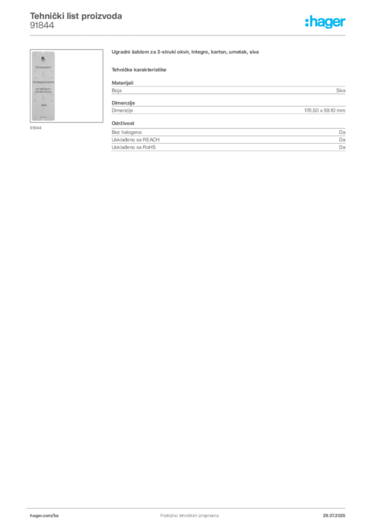 Slika Hager Product data sheet 91844  | Hager