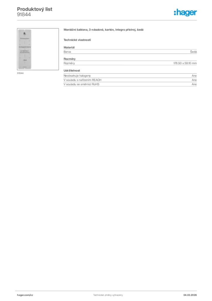 Obrázek Hager Product data sheet 91844 | Hager