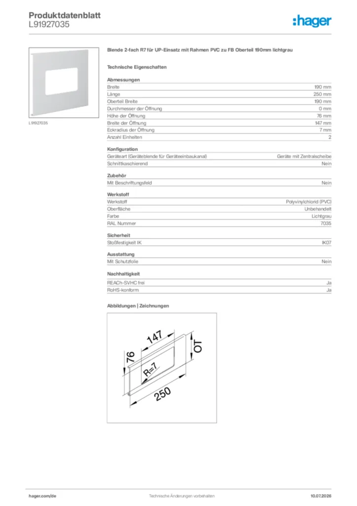 Bild Hager Produktdatenblatt L91927035 | Hager Deutschland