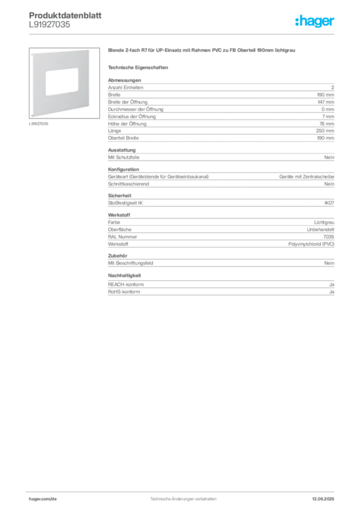 Hager Produktdatenblatt L91927035