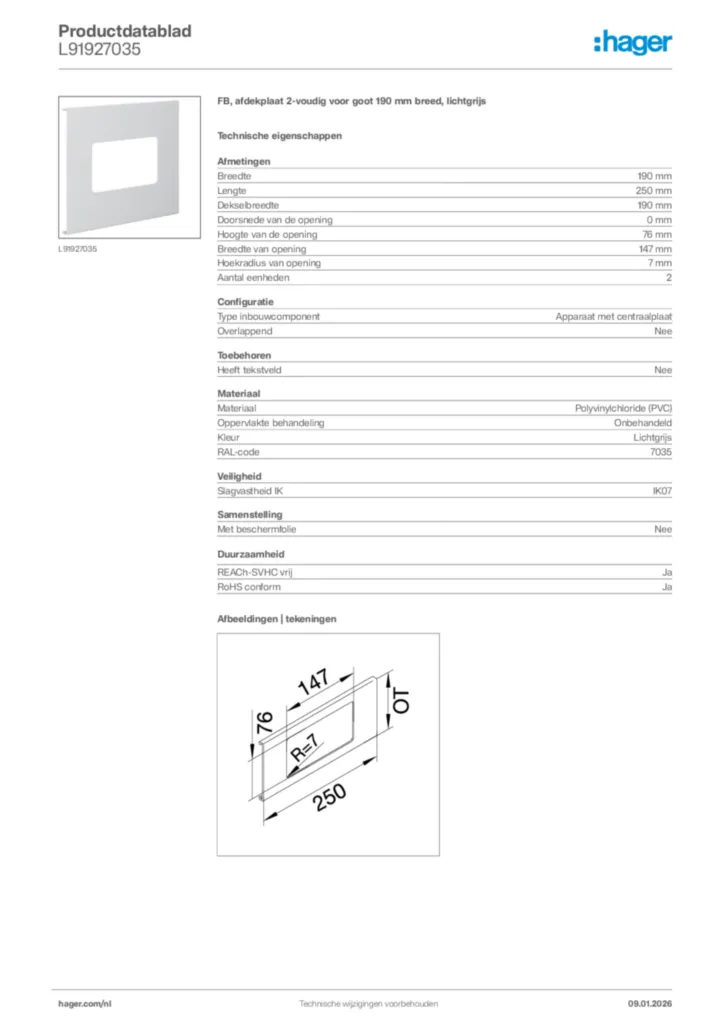 Afbeelding Hager Productdatablad L91927035 | Hager Nederland
