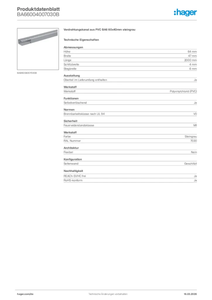 Bild Hager Produktdatenblatt BA66004007030B | Hager Deutschland