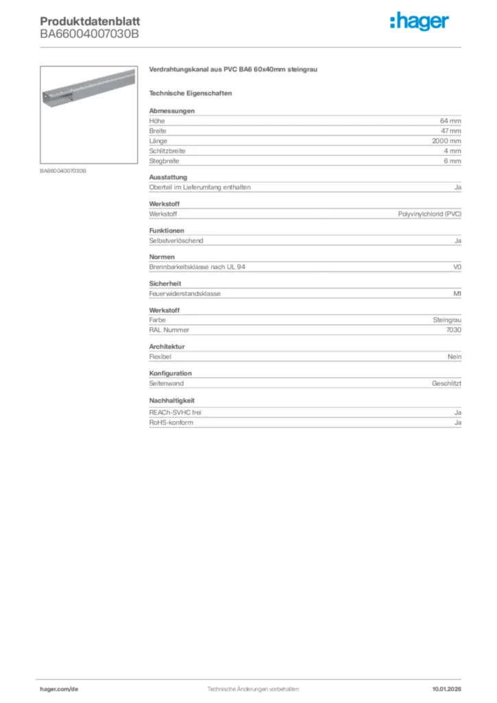 Bild Hager Produktdatenblatt BA66004007030B | Hager Deutschland