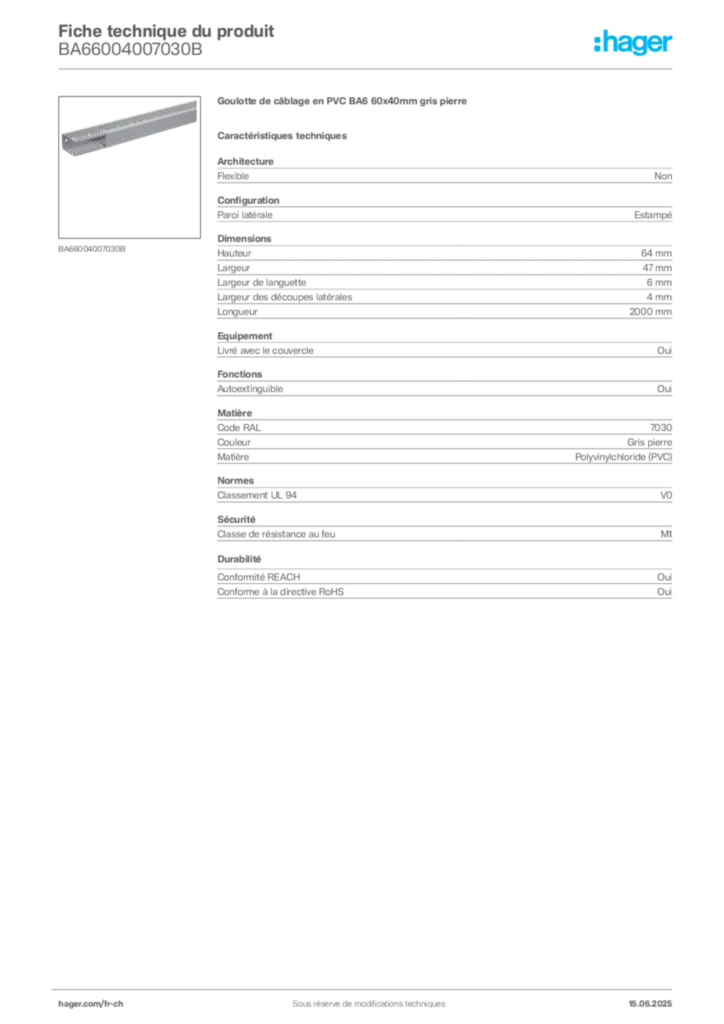 Image Hager Fiche technique du produit BA66004007030B | Hager Suisse