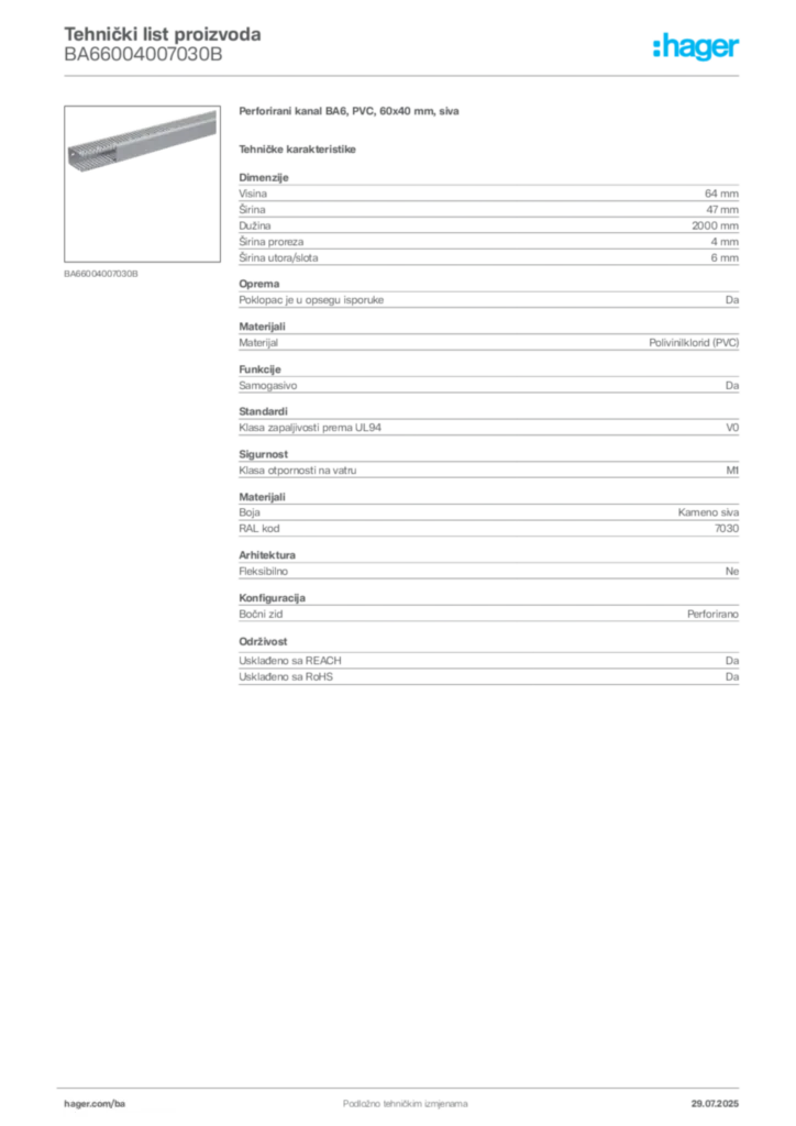 Slika Hager Product data sheet BA66004007030B  | Hager