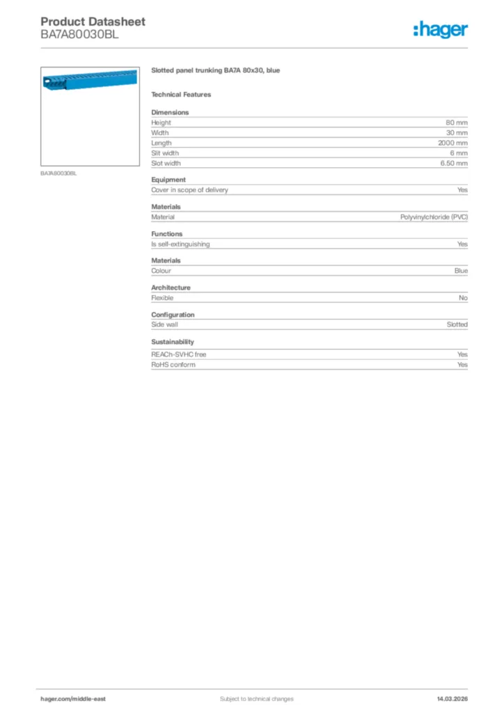 Image Hager Product data sheet BA7A80030BL  | Hager