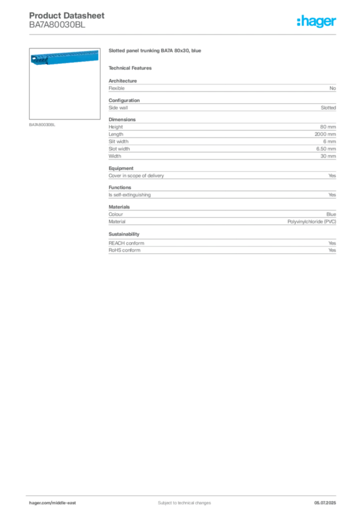 Image Hager Product data sheet BA7A80030BL  | Hager
