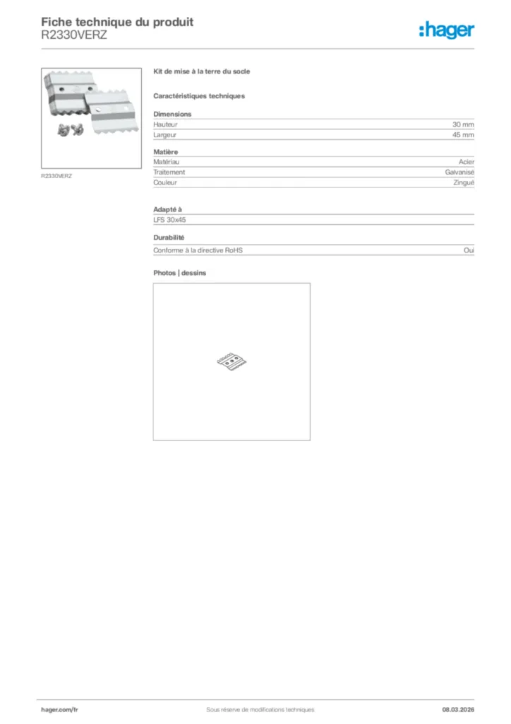 Image Hager Fiche technique du produit R2330VERZ | Hager France