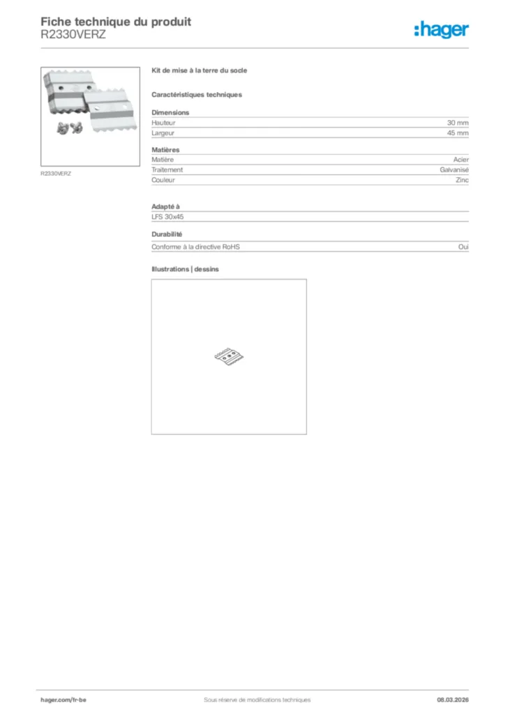 Image Hager Fiche technique du produit R2330VERZ | Hager Belgique