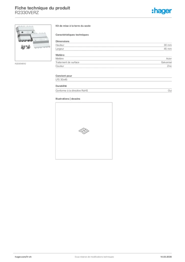 Image Hager Fiche technique du produit R2330VERZ | Hager Suisse