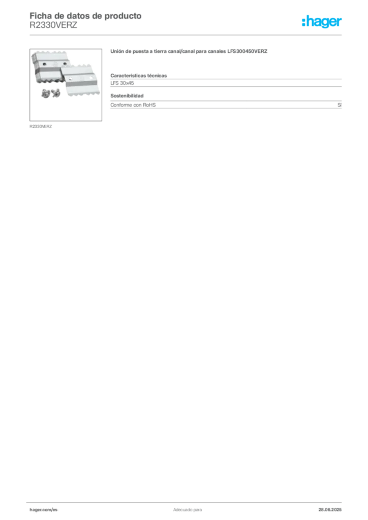 Imagen Hager Ficha de datos de producto R2330VERZ | Hager España