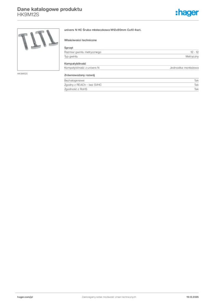 Zdjęcie Hager Karta katalogowa HK9M12S | Hager Polska