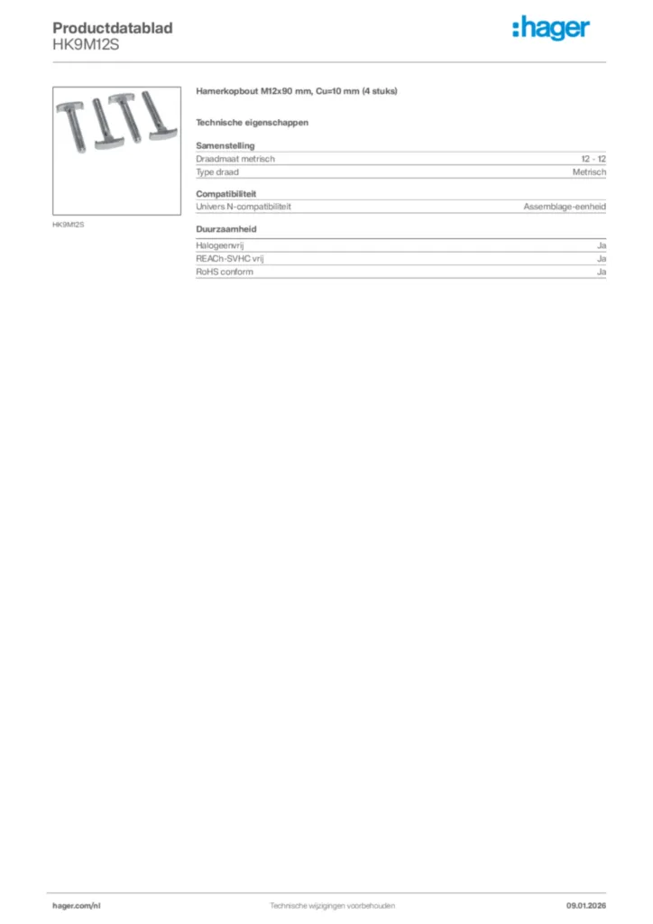 Afbeelding Hager Productdatablad HK9M12S | Hager Nederland