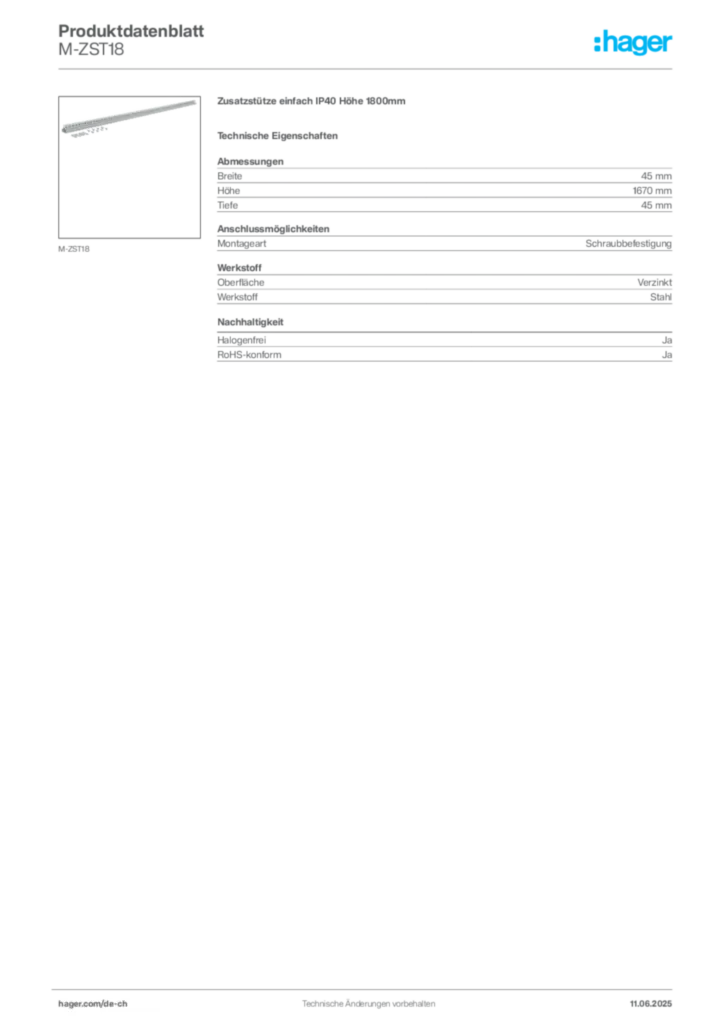 Bild Hager Produktdatenblatt M-ZST18 | Hager Schweiz