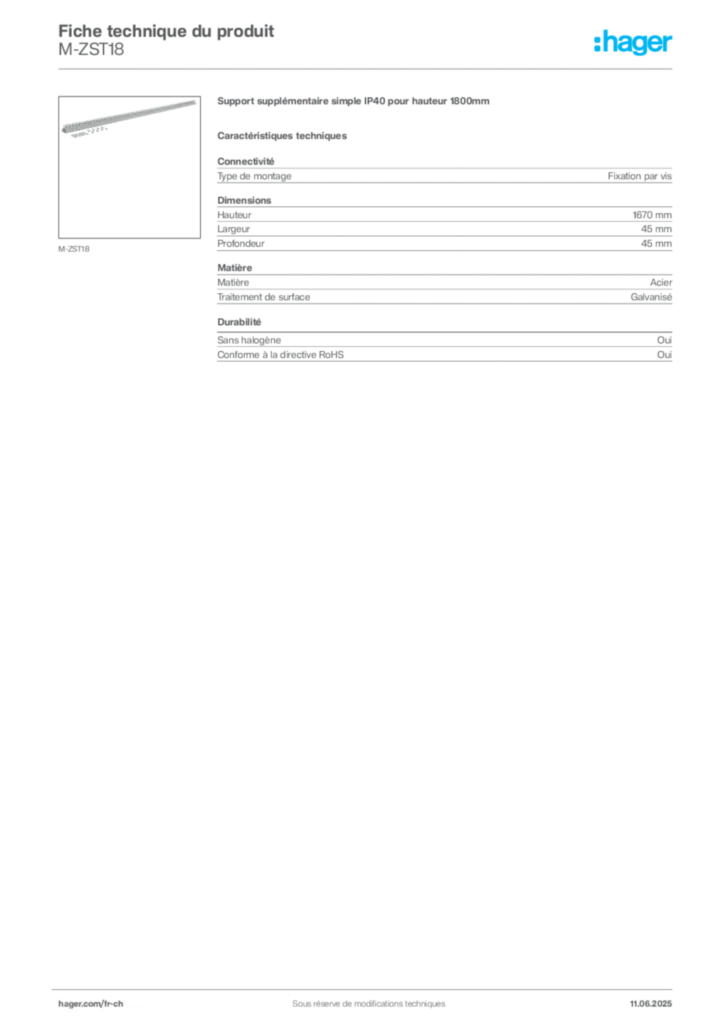 Image Hager Fiche technique du produit M-ZST18 | Hager Suisse