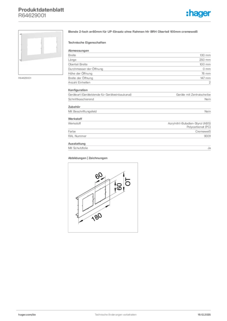 Bild Hager Produktdatenblatt R64629001 | Hager Deutschland