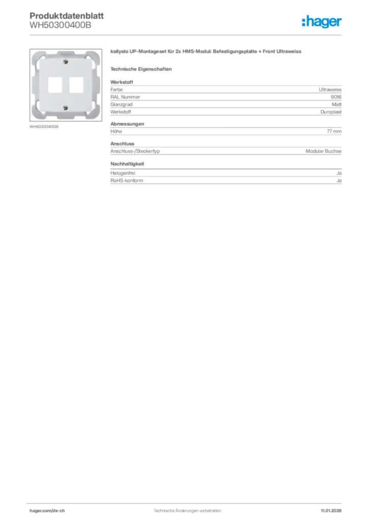 Bild Hager Produktdatenblatt WH50300400B | Hager Schweiz
