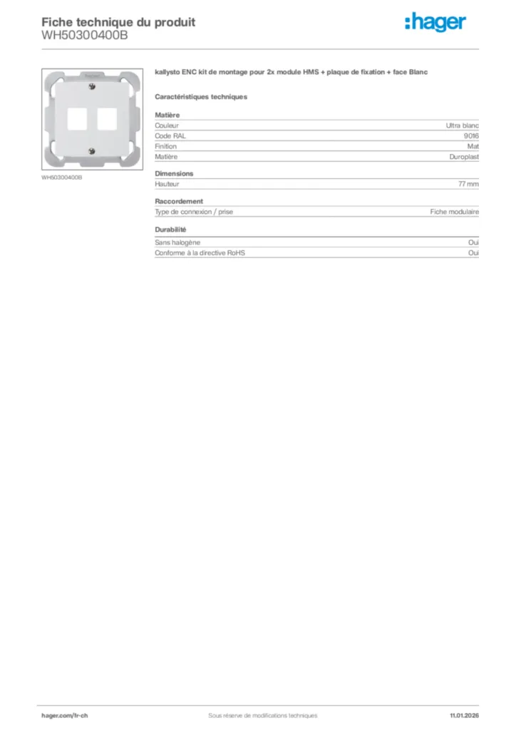 Image Hager Fiche technique du produit WH50300400B | Hager Suisse