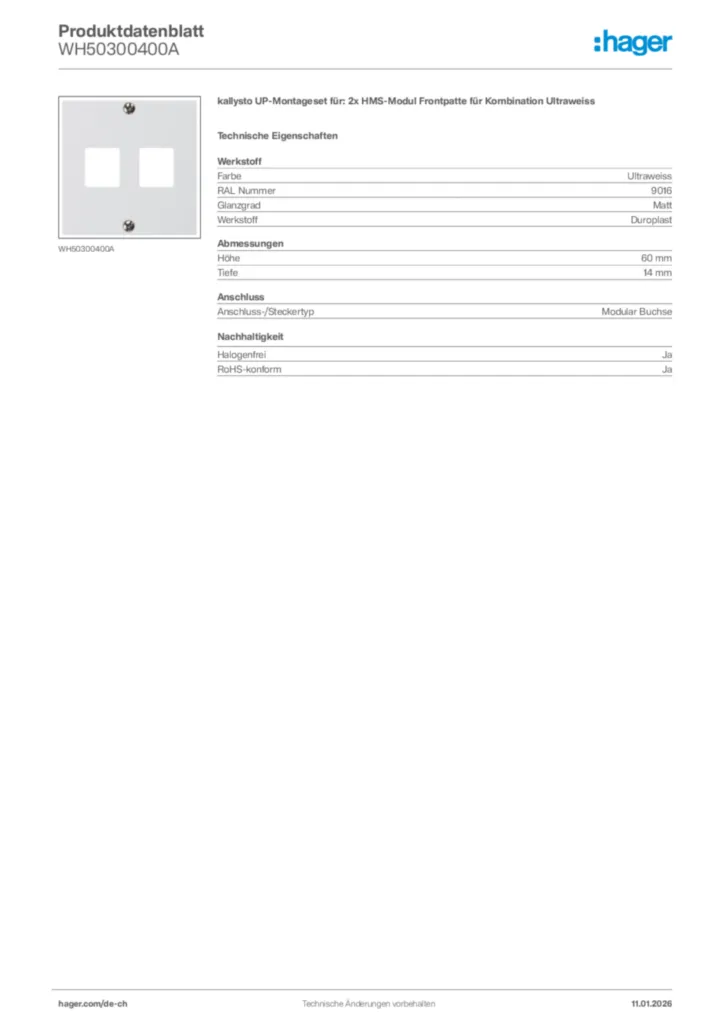 Bild Hager Produktdatenblatt WH50300400A | Hager Schweiz