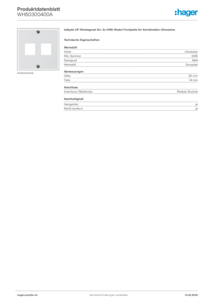 Bild Hager Produktdatenblatt WH50300400A | Hager Schweiz