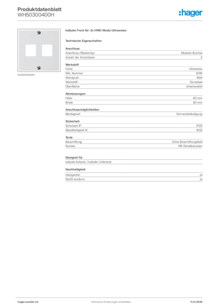 Bild Hager Produktdatenblatt WH50300400H | Hager Schweiz