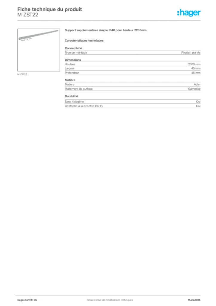 Image Hager Fiche technique du produit M-ZST22 | Hager Suisse