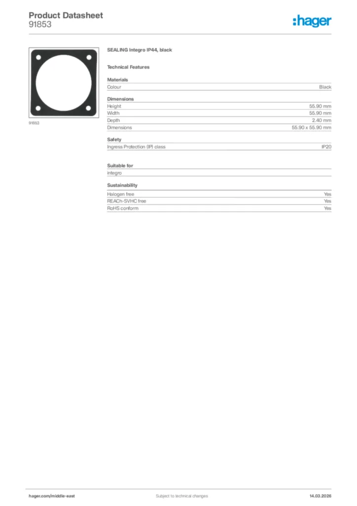 Image Hager Product data sheet 91853  | Hager