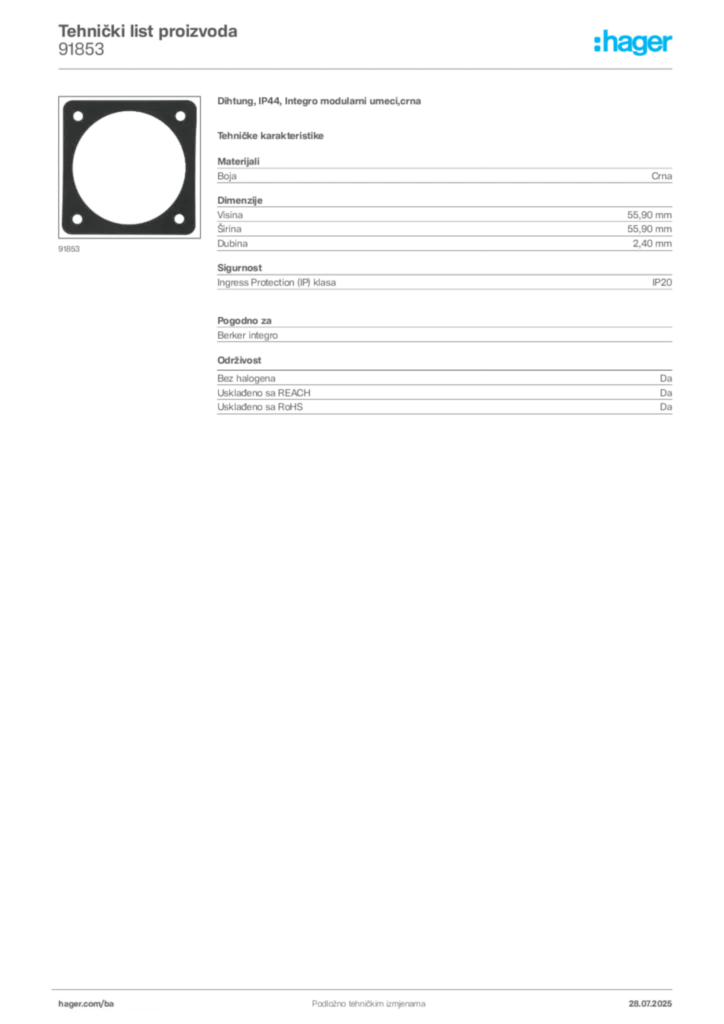 Slika Hager Product data sheet 91853  | Hager