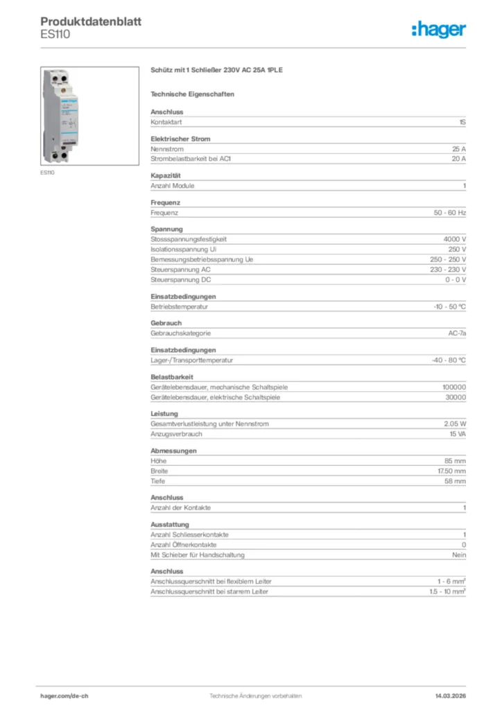 Bild Hager Produktdatenblatt ES110 | Hager Schweiz