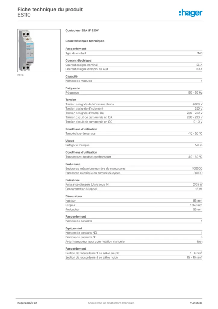 Image Hager Fiche technique du produit ES110 | Hager Suisse