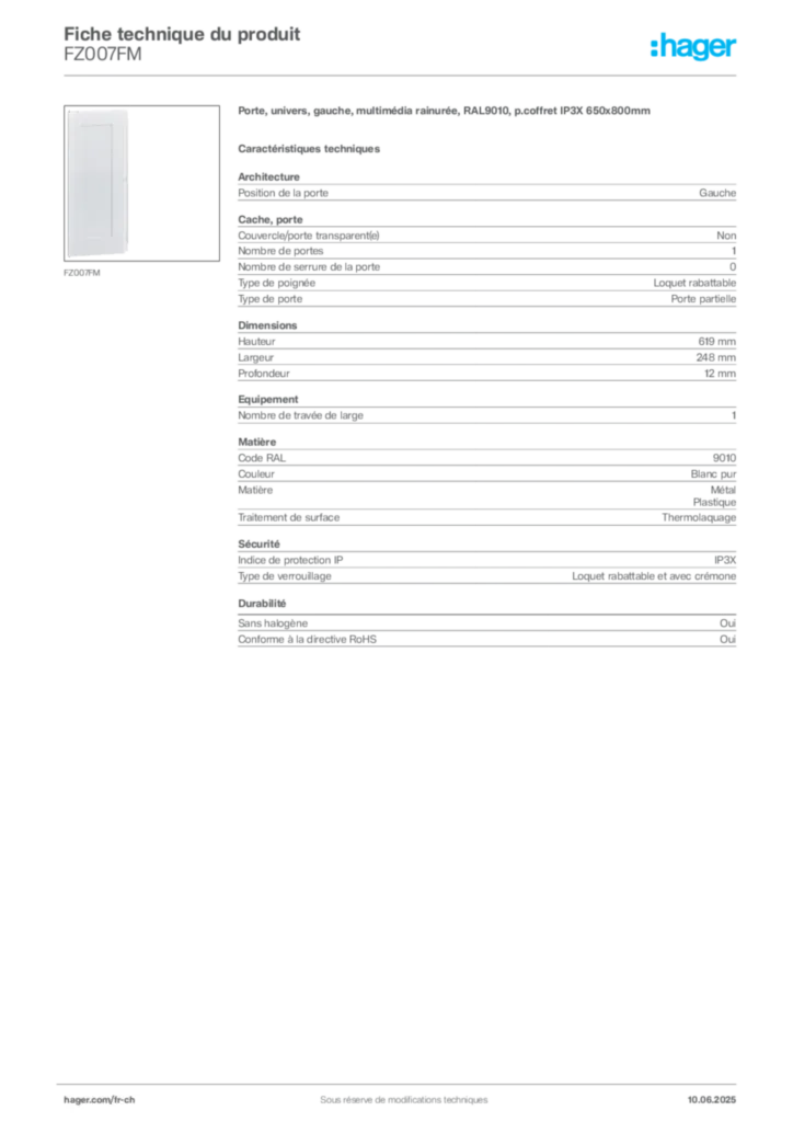 Image Hager Fiche technique du produit FZ007FM | Hager Suisse