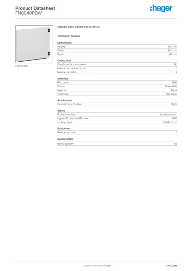 Image Hager Product data sheet FN8040PDW  | Hager Africa