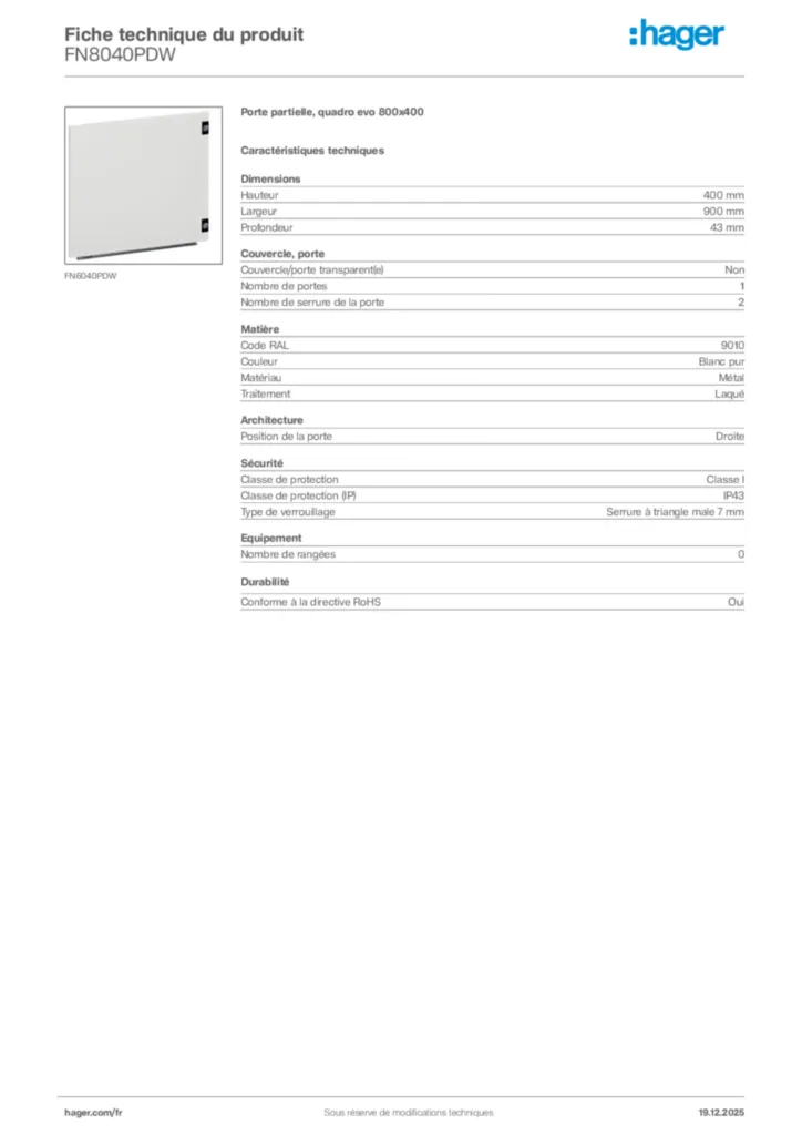 Image Hager Fiche technique du produit FN8040PDW | Hager France